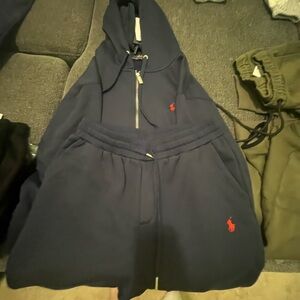 Navy Blue Hoodie and Sweatpants Set with Red Logo